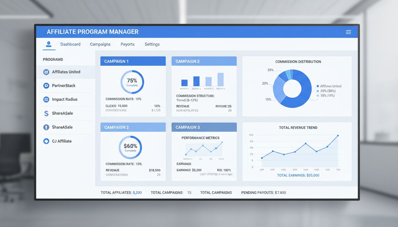 Dashboard di gestione di più programmi di affiliazione con diverse campagne, strutture di commissioni e analitiche