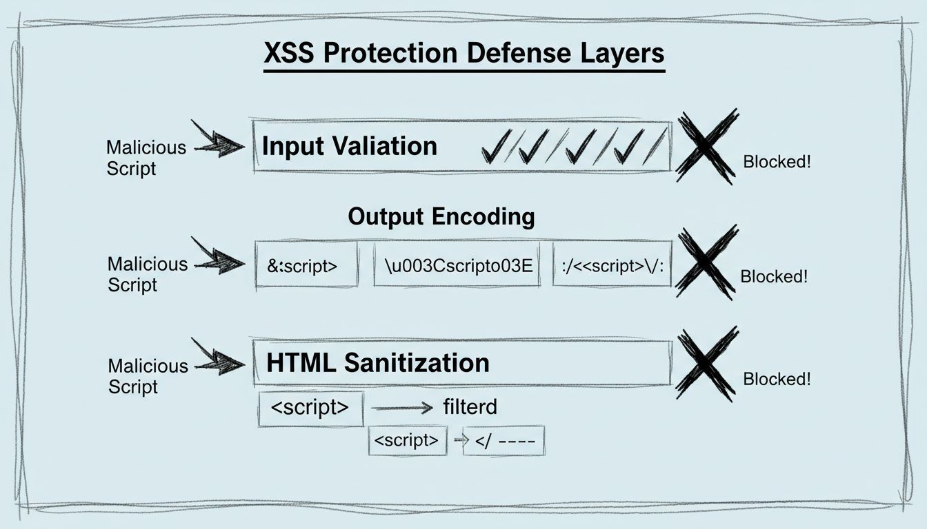 Schema dei livelli di difesa contro XSS che mostra validazione input, codifica output e sanitizzazione HTML