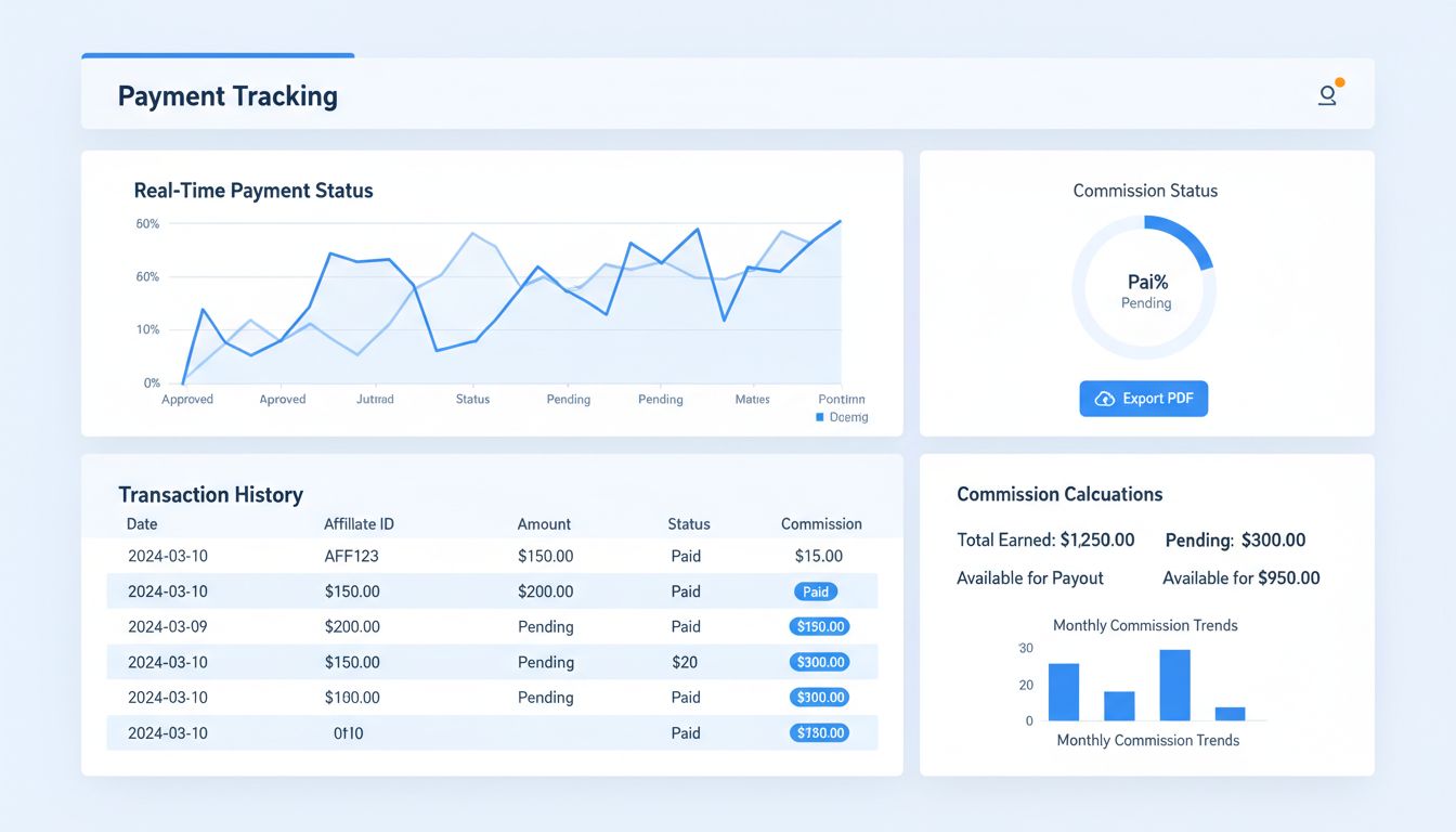 Dashboard di monitoraggio pagamenti del software di affiliazione che mostra stato dei pagamenti in tempo reale, storico transazioni ed esportazione PDF