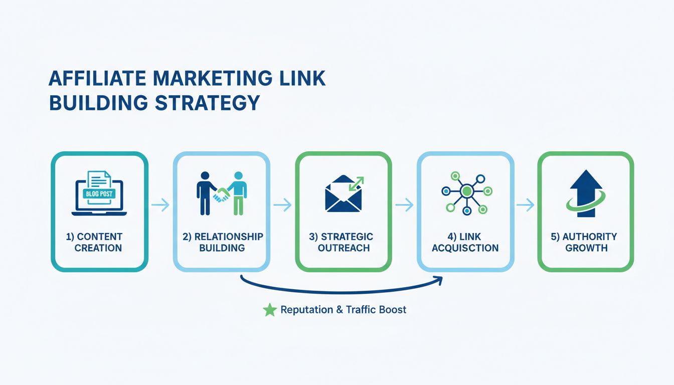 Flusso di lavoro per la strategia di link building che mostra creazione di contenuti, costruzione di relazioni, outreach strategico, acquisizione di link e crescita dell'autorità