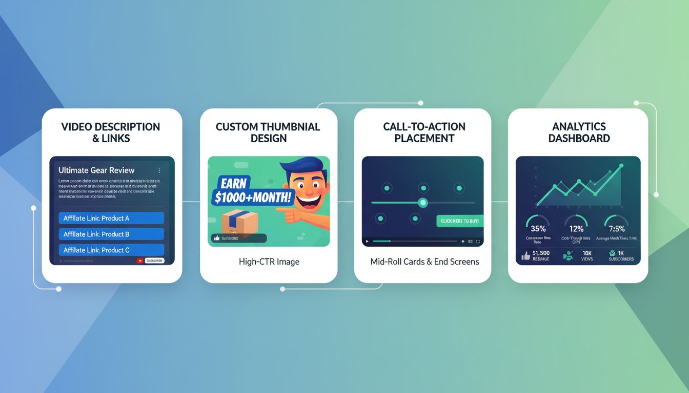 Strategia di ottimizzazione dei video di affiliazione che mostra posizionamento dei link, design delle miniature, tempismo della call-to-action e dashboard di analytics