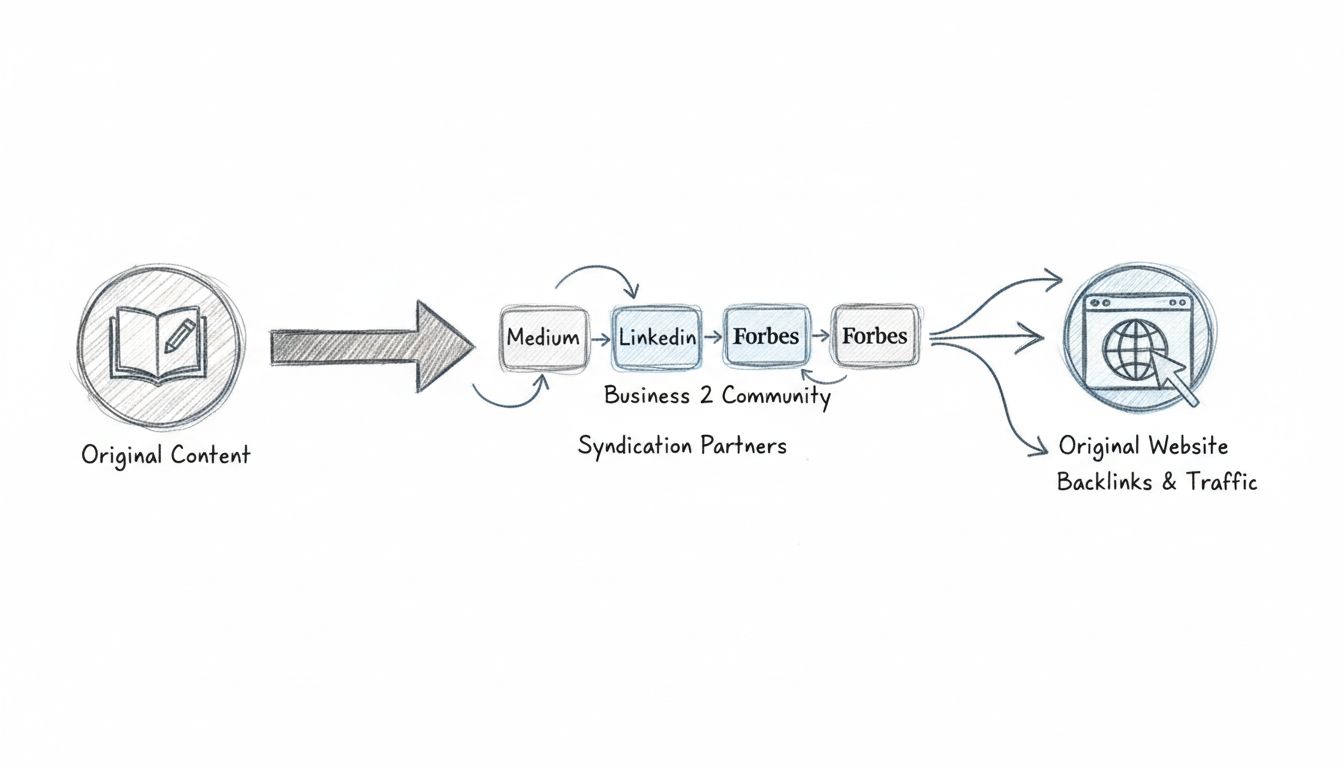 Diagramma del workflow della content syndication che mostra il flusso dei contenuti originali verso più partner di syndication e il traffico che ritorna al sito originale