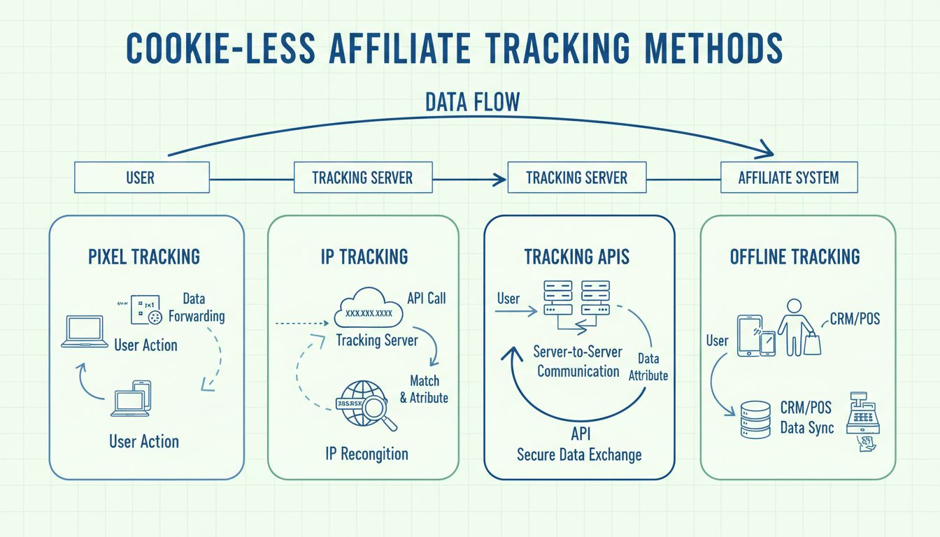 Infografica dei metodi di tracciamento senza cookie che mostra pixel tracking, tracciamento IP, API e tracciamento offline