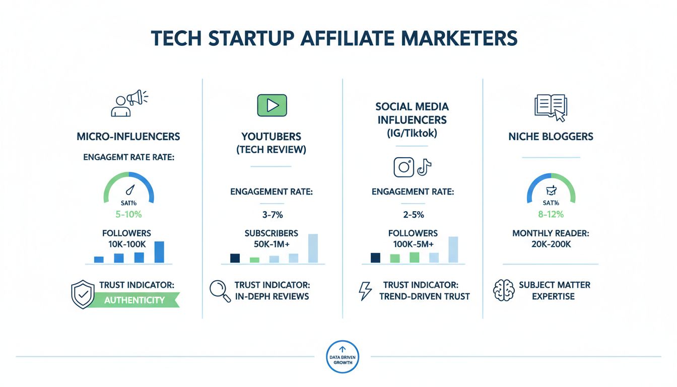 Infografica che mostra diversi tipi di affiliate marketer per startup tecnologiche, inclusi micro-influencer, YouTuber, influencer social e blogger di nicchia, con tassi di engagement e conteggio dei follower