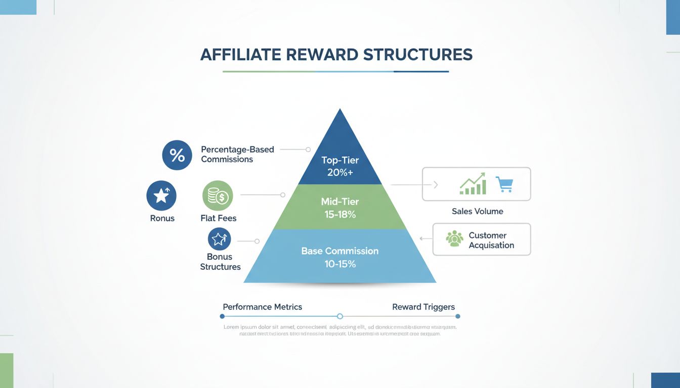 Struttura a livelli di commissione per affiliati con premi base, medi e top con opzioni percentuali e importi fissi