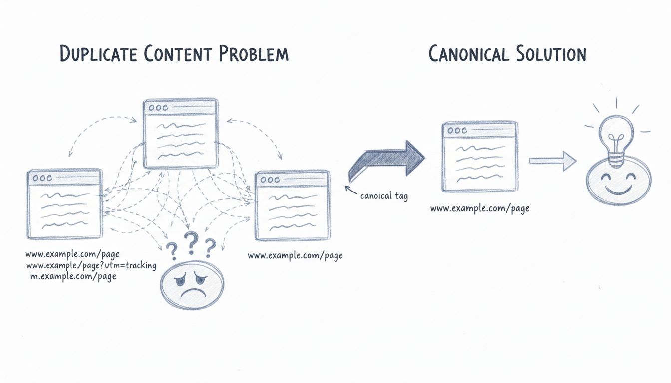 Diagramma che mostra il problema del contenuto duplicato a sinistra con molte varianti di URL che confondono il motore di ricerca, e la soluzione canonica a destra con una singola pagina consolidata