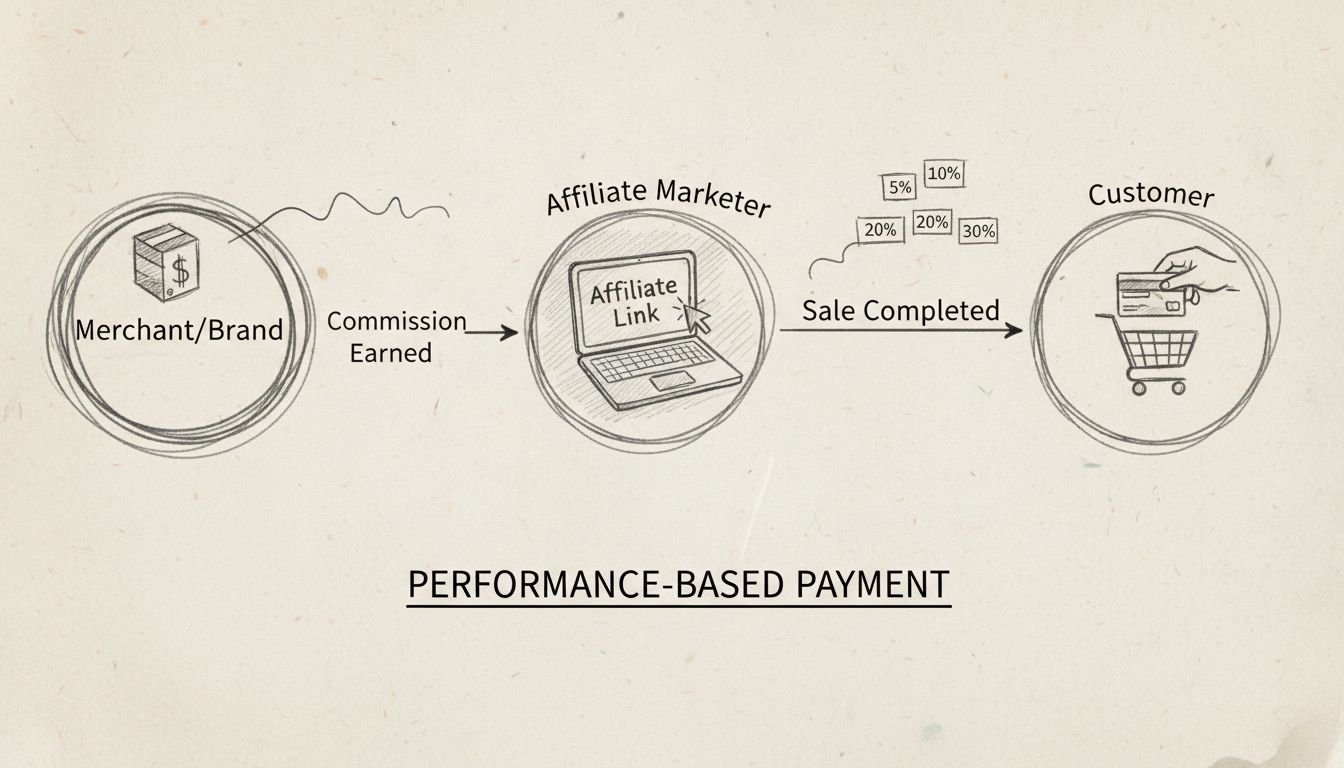 Diagramma del flusso delle commissioni nel marketing di affiliazione che mostra commerciante, affiliato e cliente con percentuali di commissione