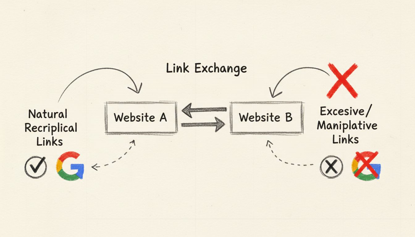 Diagramma dei link reciproci che mostra scambi di link naturali vs manipolativi con indicatori di approvazione Google
