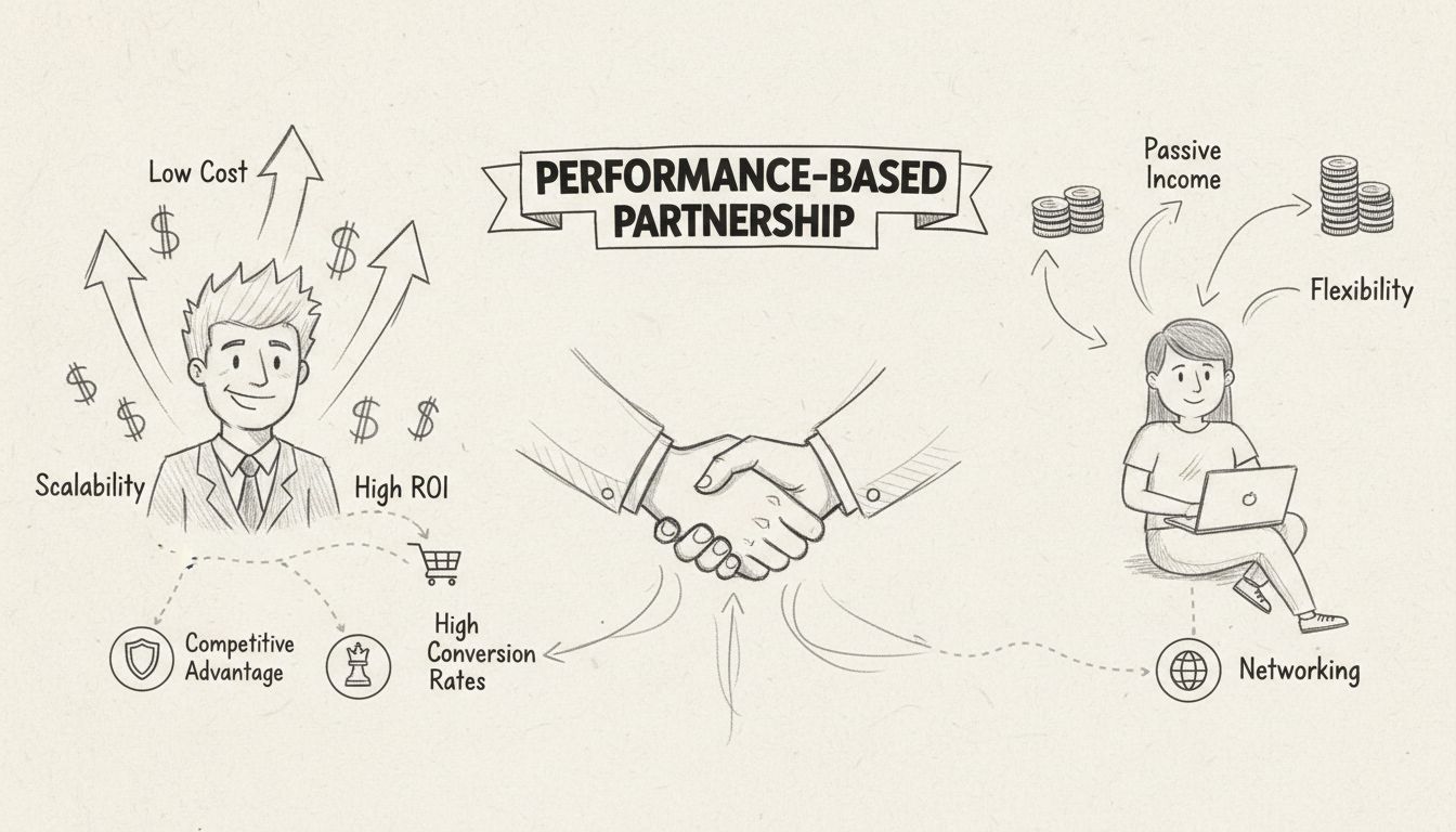 Diagramma disegnato a mano che mostra i vantaggi di un programma di affiliazione tra cui basso costo, alto ROI, scalabilità, reddito passivo, flessibilità, networking e partnership basata sulle performance