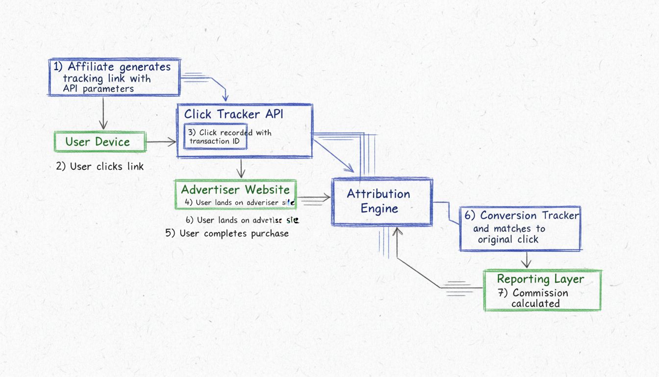 Schema di flusso del tracciamento API che mostra il tracciamento dei click, il motore di attribuzione, il tracciamento delle conversioni e i livelli di reportistica