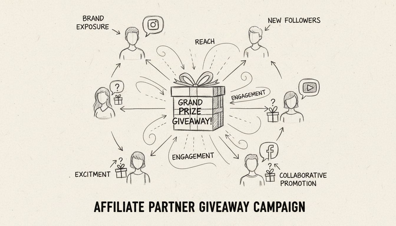 Diagramma disegnato a mano che mostra partner affiliati che collaborano in una campagna giveaway con elementi di esposizione del brand, nuovi follower ed entusiasmo