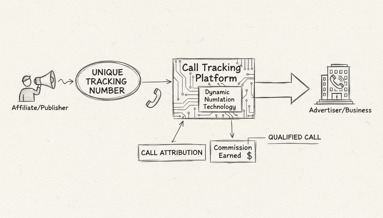 Diagramma del flusso di lavoro del pay per call affiliate marketing che mostra la promozione dell’affiliato, la piattaforma di call tracking e l’inserzionista che riceve chiamate qualificate