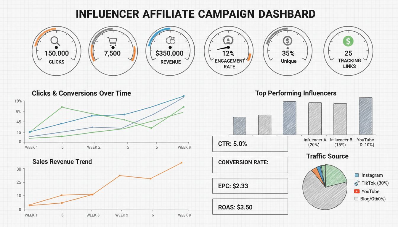 Dashboard delle metriche di una campagna di affiliazione con influencer che mostra click, conversioni, ROI, tassi di engagement e analisi di tracciamento