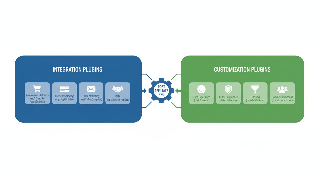 Diagramma dell'architettura dei plugin di Post Affiliate Pro che mostra le categorie di plugin di integrazione e plugin di personalizzazione