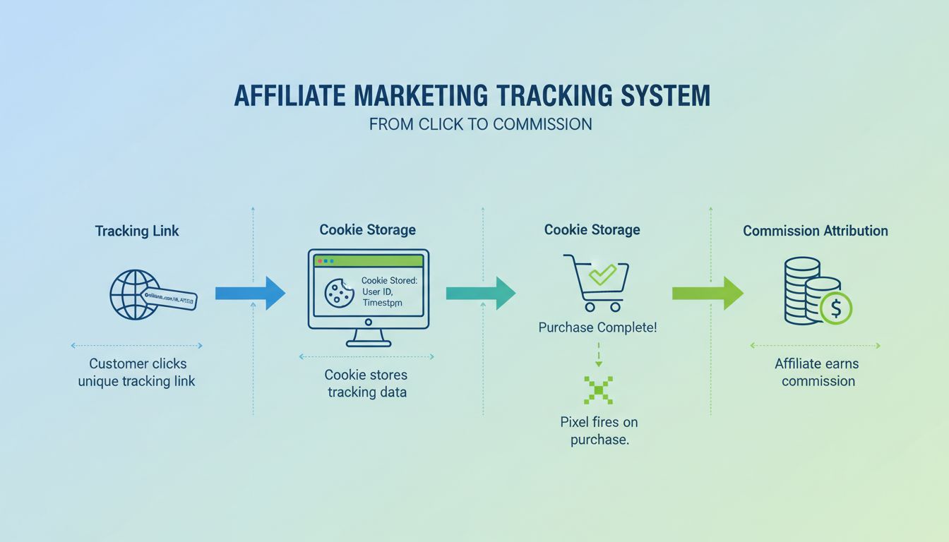 Sistema di tracking affiliati che mostra link di tracciamento, cookie e pixel di conversione nel percorso cliente