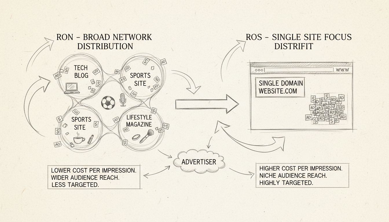 Diagramma disegnato a mano che confronta le strategie pubblicitarie Run of Network (RON) e Run of Site (ROS) mostrando la distribuzione ampia del network rispetto al focus su un singolo sito