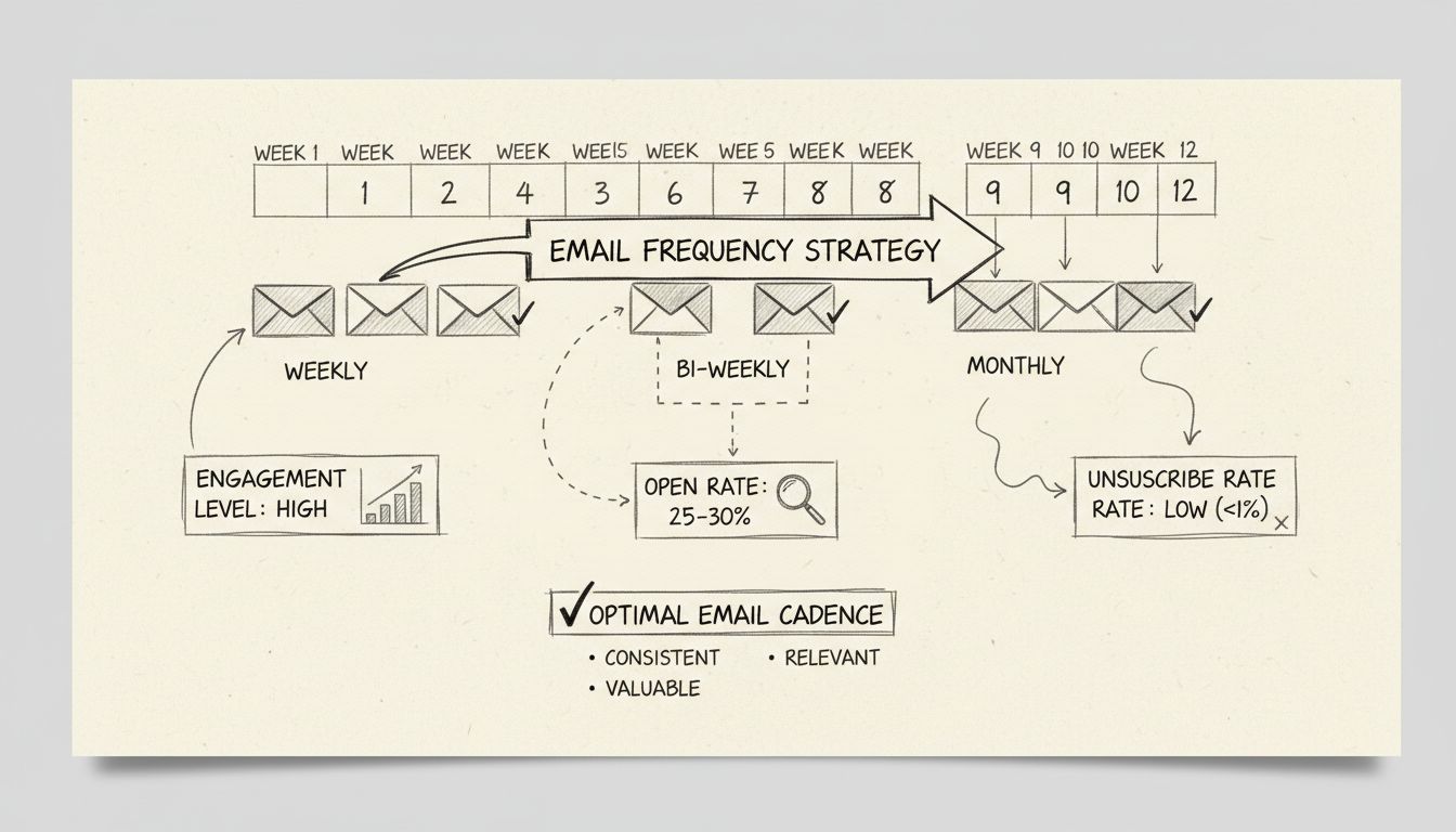 Diagramma della strategia di frequenza email che mostra cadenze settimanali, quindicinali e mensili con metriche di coinvolgimento