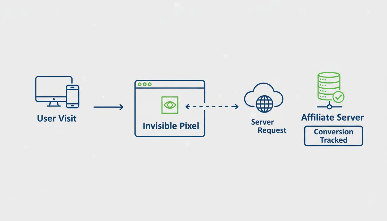Diagramma del flusso di lavoro del pixel tracking che mostra visita utente, caricamento pixel invisibile, richiesta al server e tracciamento della conversione