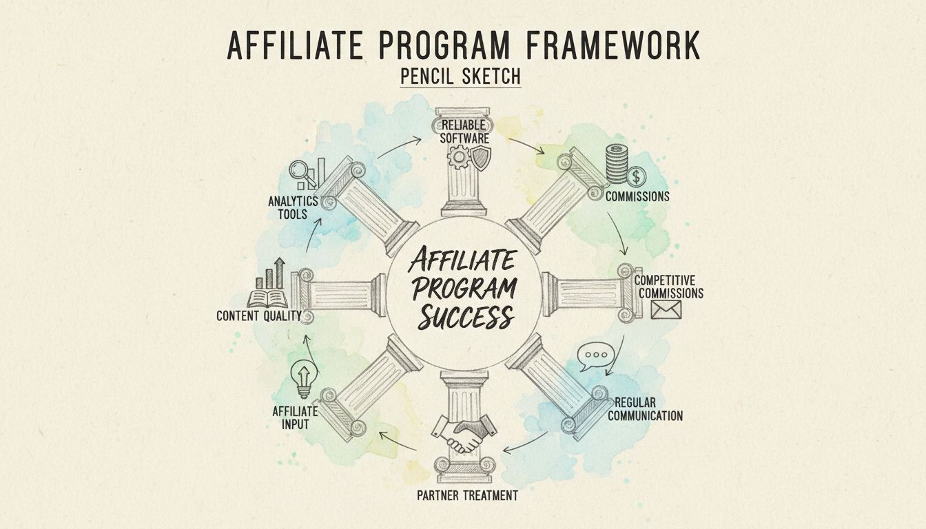 Schema di successo del programma di affiliazione che mostra 7 pilastri chiave: software affidabile, commissioni competitive, comunicazione regolare, trattamento da partner, coinvolgimento degli affiliati, qualità dei contenuti e strumenti di analisi