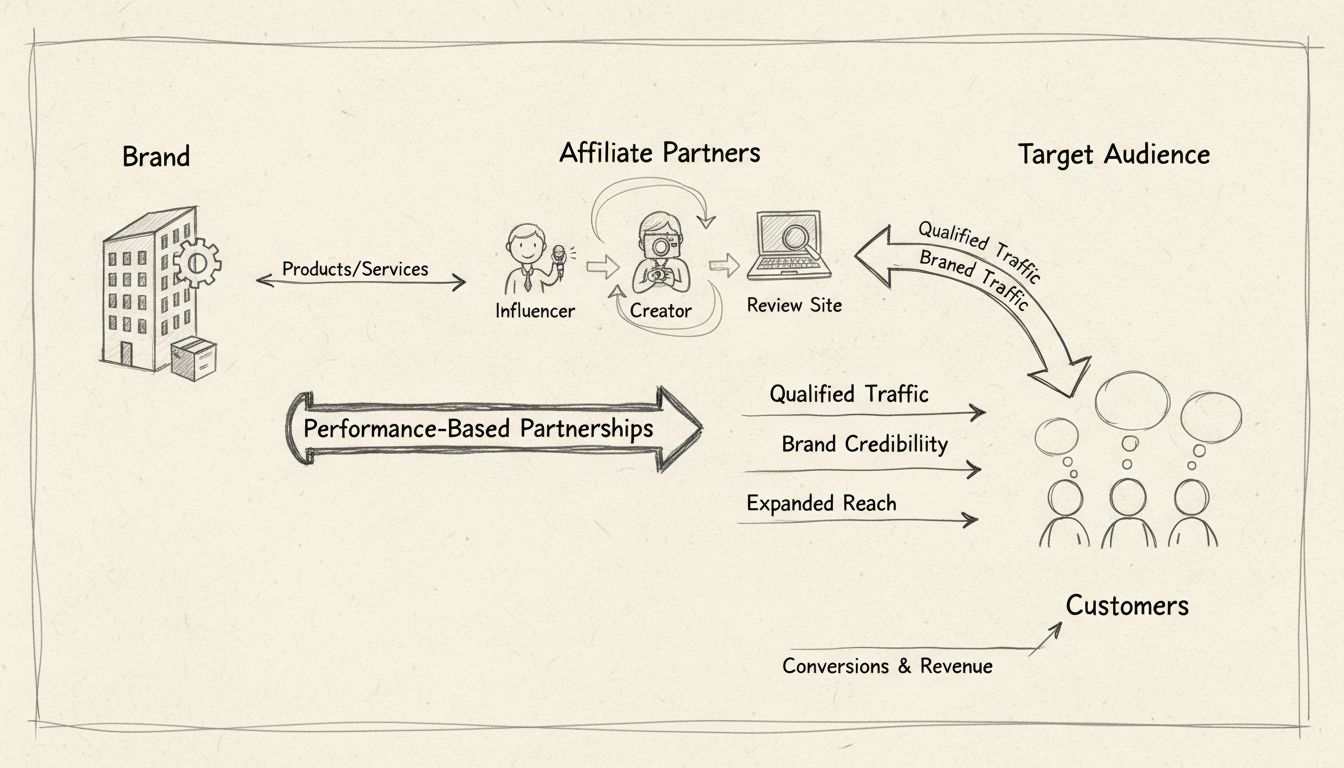 Diagramma dell'ecosistema affiliate marketing che mostra collegamenti tra brand, partner affiliati e pubblico di destinazione con partnership basate sulle performance e flusso di traffico qualificato