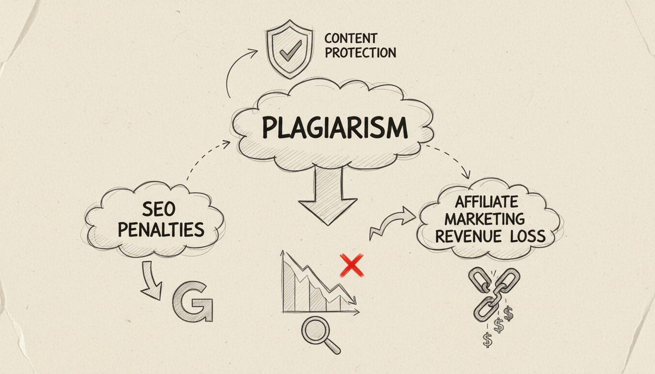 Diagramma che mostra la relazione tra plagio, penalità SEO e perdita di ricavi da affiliazione