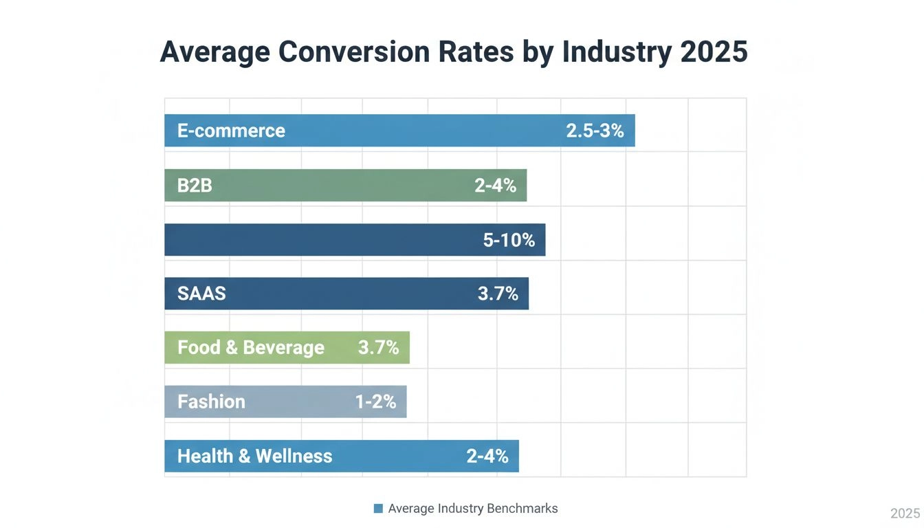 Benchmark dei tassi di conversione per settore 2025: grafico a barre con percentuali per e-commerce, B2B, SaaS, food & beverage, moda e salute e benessere