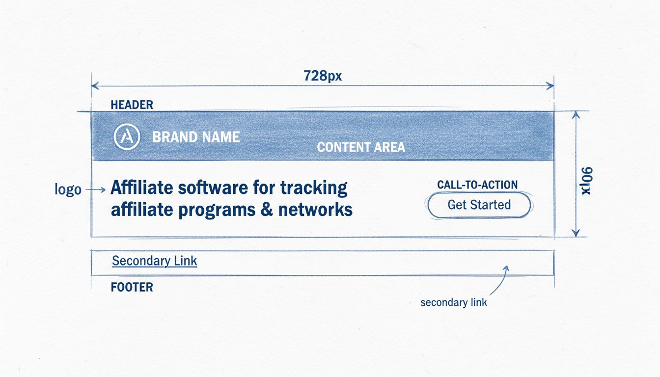 Diagramma della struttura di un banner HTML che mostra intestazione, area contenuto, pulsante call-to-action e componenti piè di pagina con dimensioni 728x90 pixel