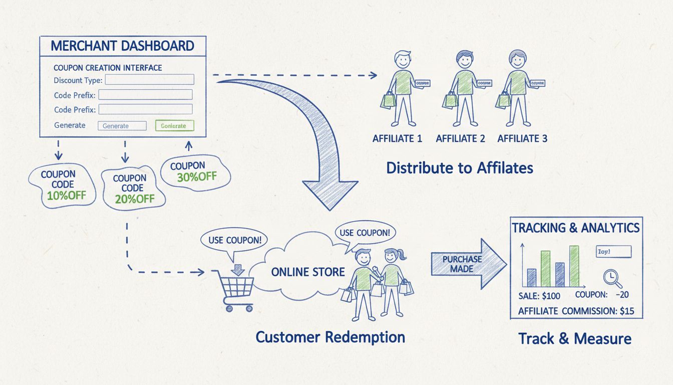 Diagramma del flusso di generazione coupon che mostra la dashboard del merchant, creazione del coupon, distribuzione agli affiliati, riscatto da parte del cliente e tracciamento
