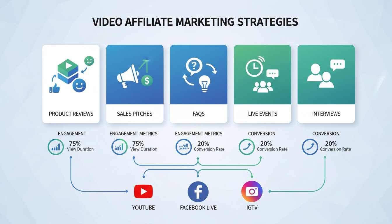 Infografica sulle strategie di video affiliate marketing che mostra recensioni di prodotti, presentazioni di vendita, FAQ, eventi live e interviste con loghi delle piattaforme