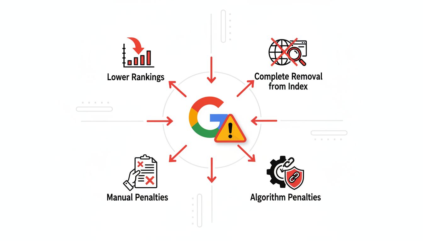 Infografica che mostra penalità SEO e rischi tra cui cali di ranking, deindicizzazione, penalità manuali e algoritmiche