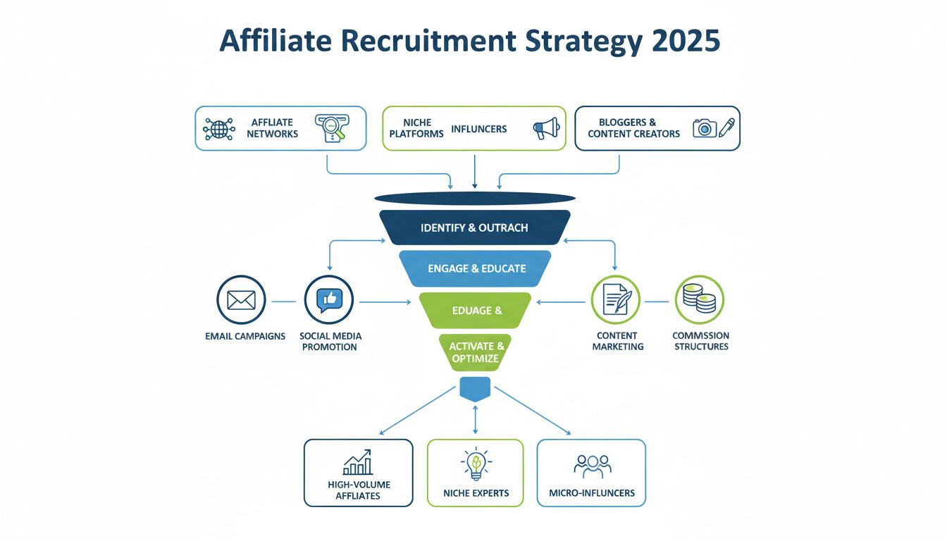 Strategia di Reclutamento Affiliati 2025 che mostra canali multipli tra cui network di affiliazione, piattaforme di nicchia, influencer, blogger e creator con funnel di reclutamento