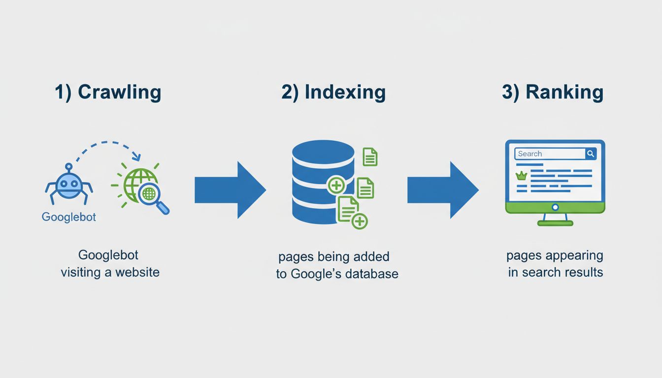 Flusso del processo di indicizzazione delle pagine Google che mostra le fasi di scansione, indicizzazione e posizionamento