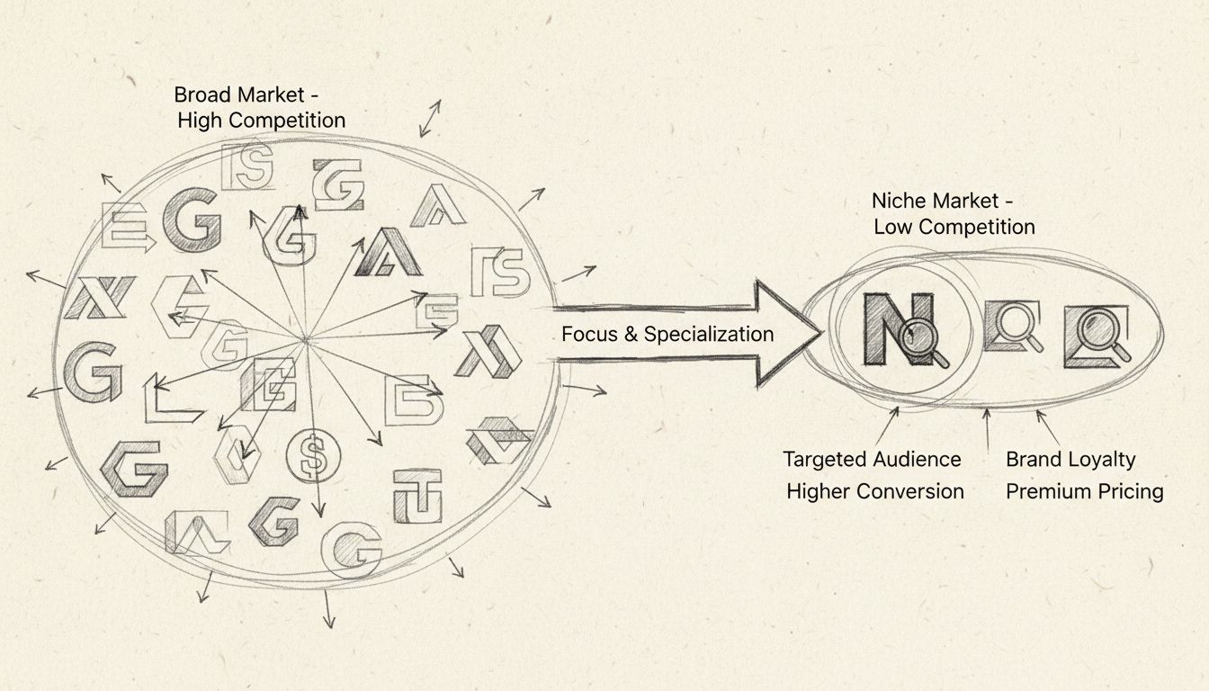 Diagramma della strategia di marketing di nicchia che mostra il mercato ampio vs il mercato di nicchia focalizzato con minore concorrenza