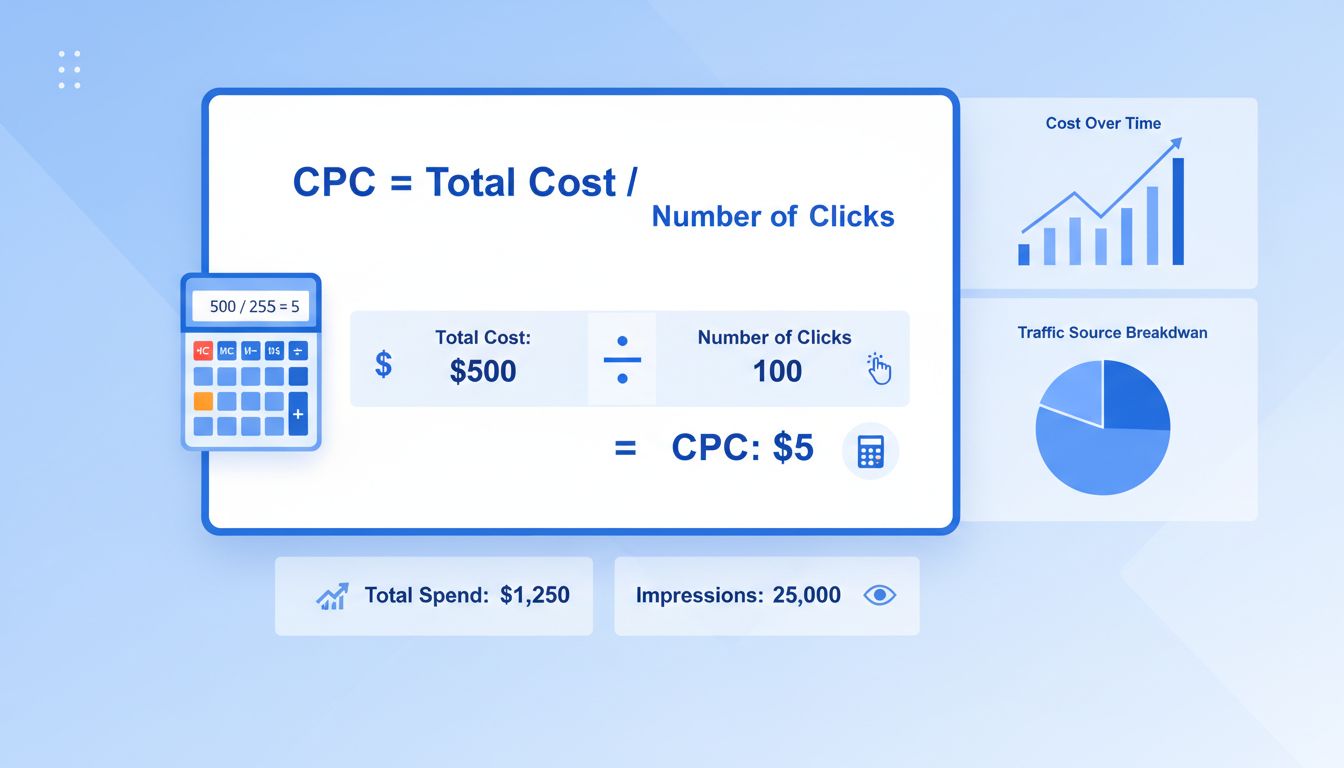 Formula per il calcolo del costo per click ed esempio che mostra $500 diviso 100 click uguale $5 CPC con visualizzazione professionale di dashboard