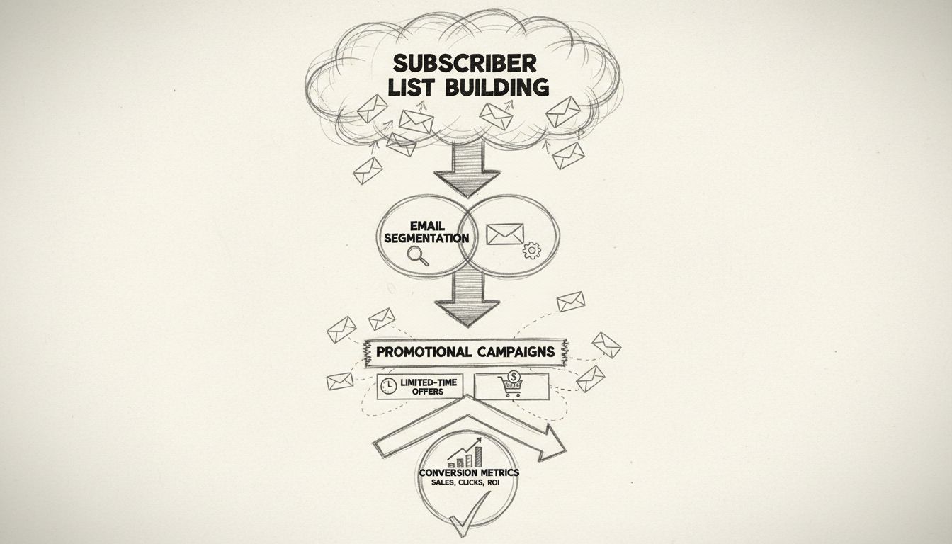 Diagramma del funnel di email marketing che mostra la costruzione della lista iscritti, segmentazione, campagne promozionali e tracciamento delle conversioni per promozioni affiliate
