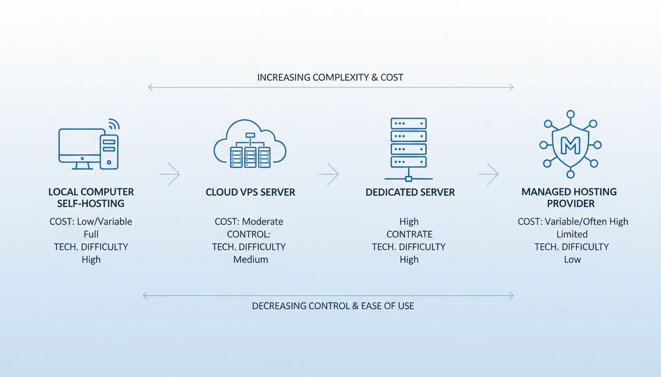 Diagramma di confronto delle opzioni di hosting che mostra computer locale, cloud VPS, server dedicato e hosting gestito