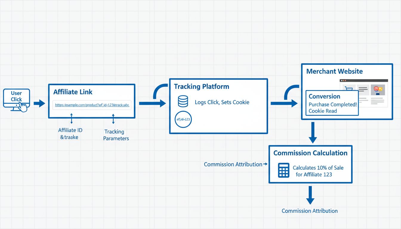 Diagramma tecnico che mostra il flusso dei link di tracciamento affiliato con clic dell’utente, parametri di tracciamento e attribuzione delle conversioni