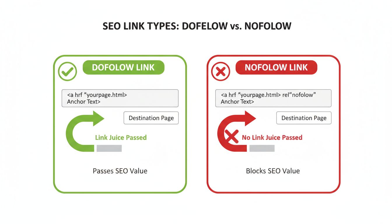Diagramma tecnico che confronta link dofollow e nofollow mostrando il flusso di link juice ed esempi di codice HTML