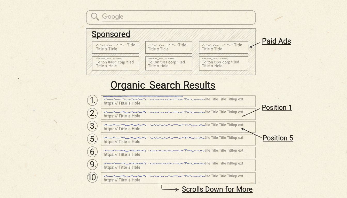 Schema disegnato a mano che mostra il layout SERP con annunci a pagamento in alto e risultati organici numerati da 1 a 10