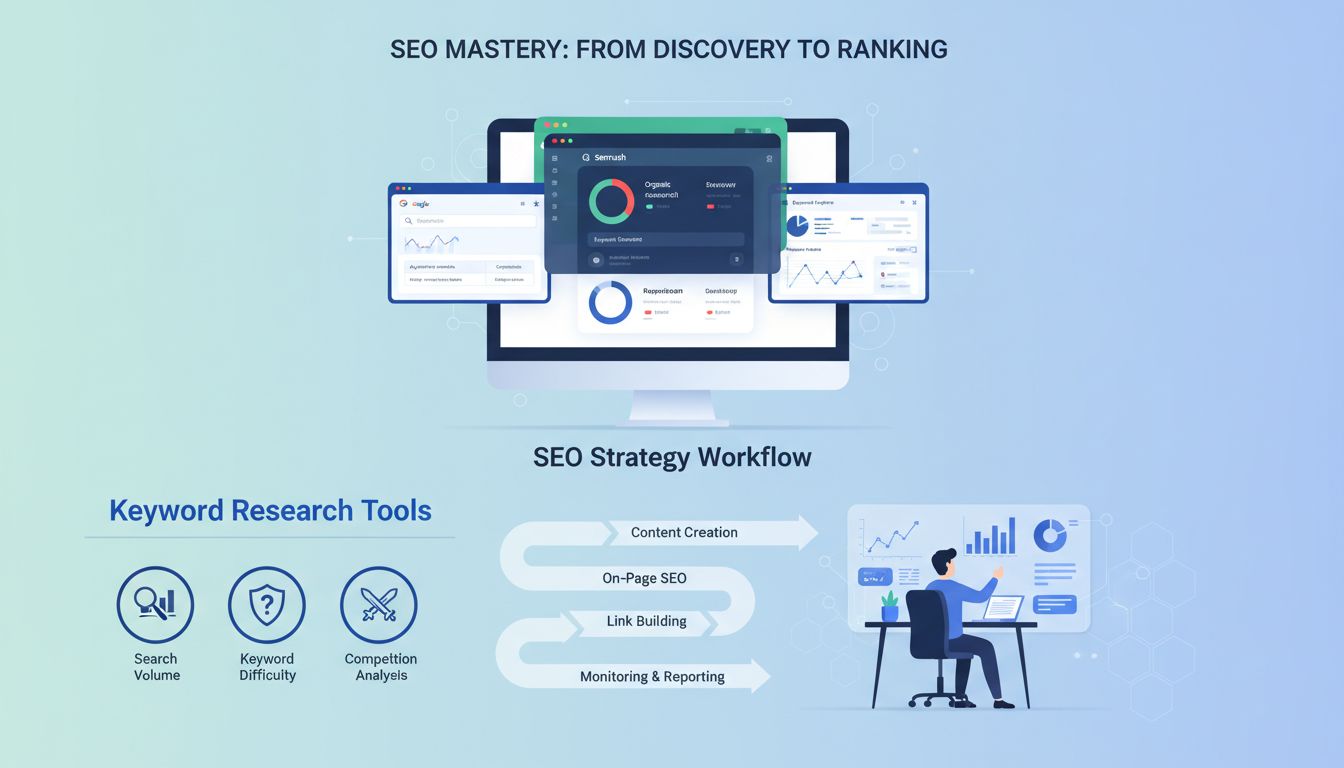 Dashboard degli strumenti di ricerca delle parole chiave che mostra volume di ricerca, difficoltà delle parole chiave e analisi della concorrenza