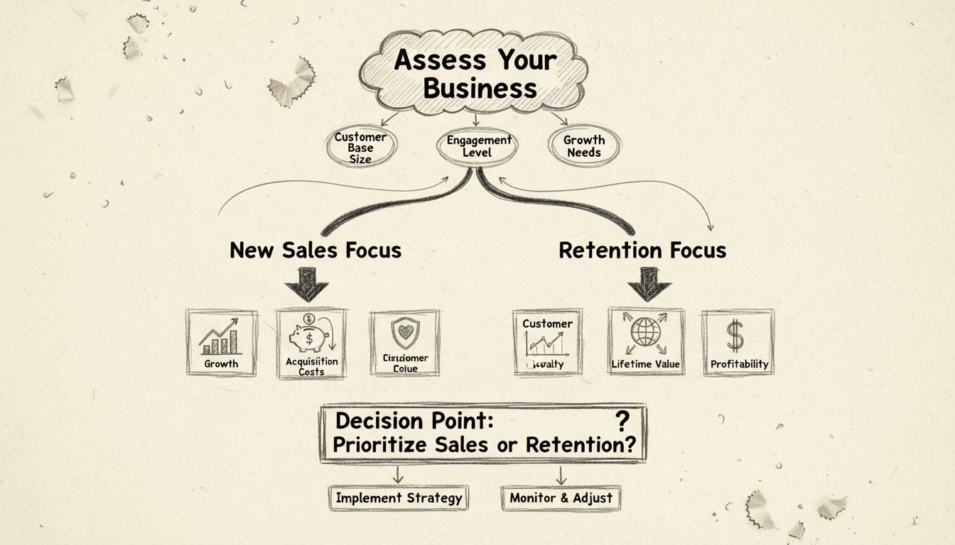 Diagramma ad albero decisionale aziendale che mostra la strategia acquisizione vs fidelizzazione con metriche di valutazione