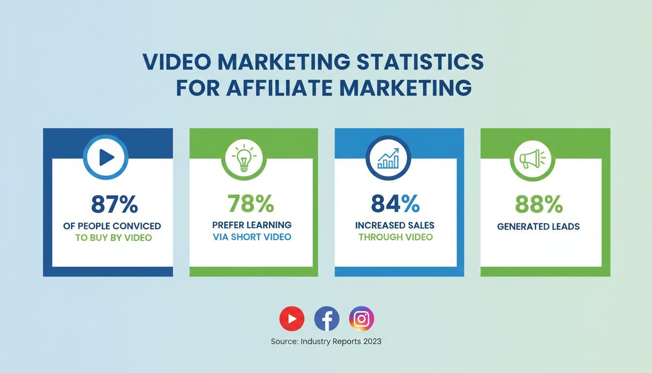 Infografica sulle statistiche del video marketing che mostra l'87% di tasso di convinzione all'acquisto, il 78% di preferenza per i video, l'84% di aumento delle vendite e l'88% di metriche di generazione lead