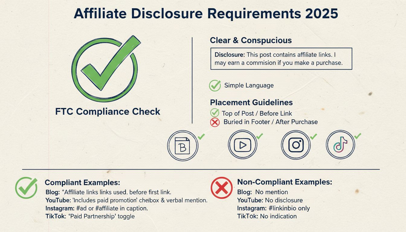 Infografica sui requisiti di divulgazione di affiliazione che mostra la conformità FTC, esempi di dichiarazioni chiare, linee guida sulla posizione e requisiti specifici delle piattaforme per il 2025