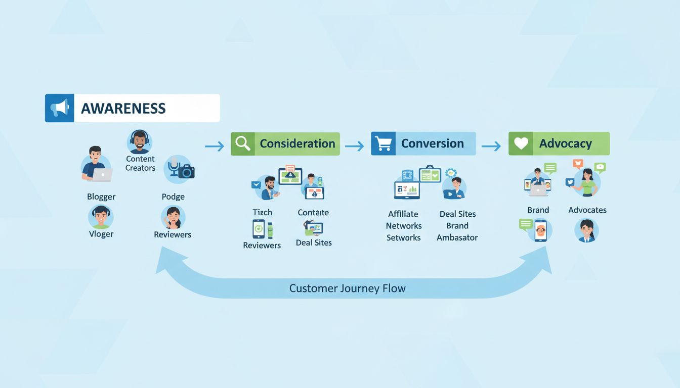 Fasi del funnel di marketing di affiliazione che mostrano consapevolezza, valutazione, conversione e advocacy con diversi tipi di affiliati in ogni fase