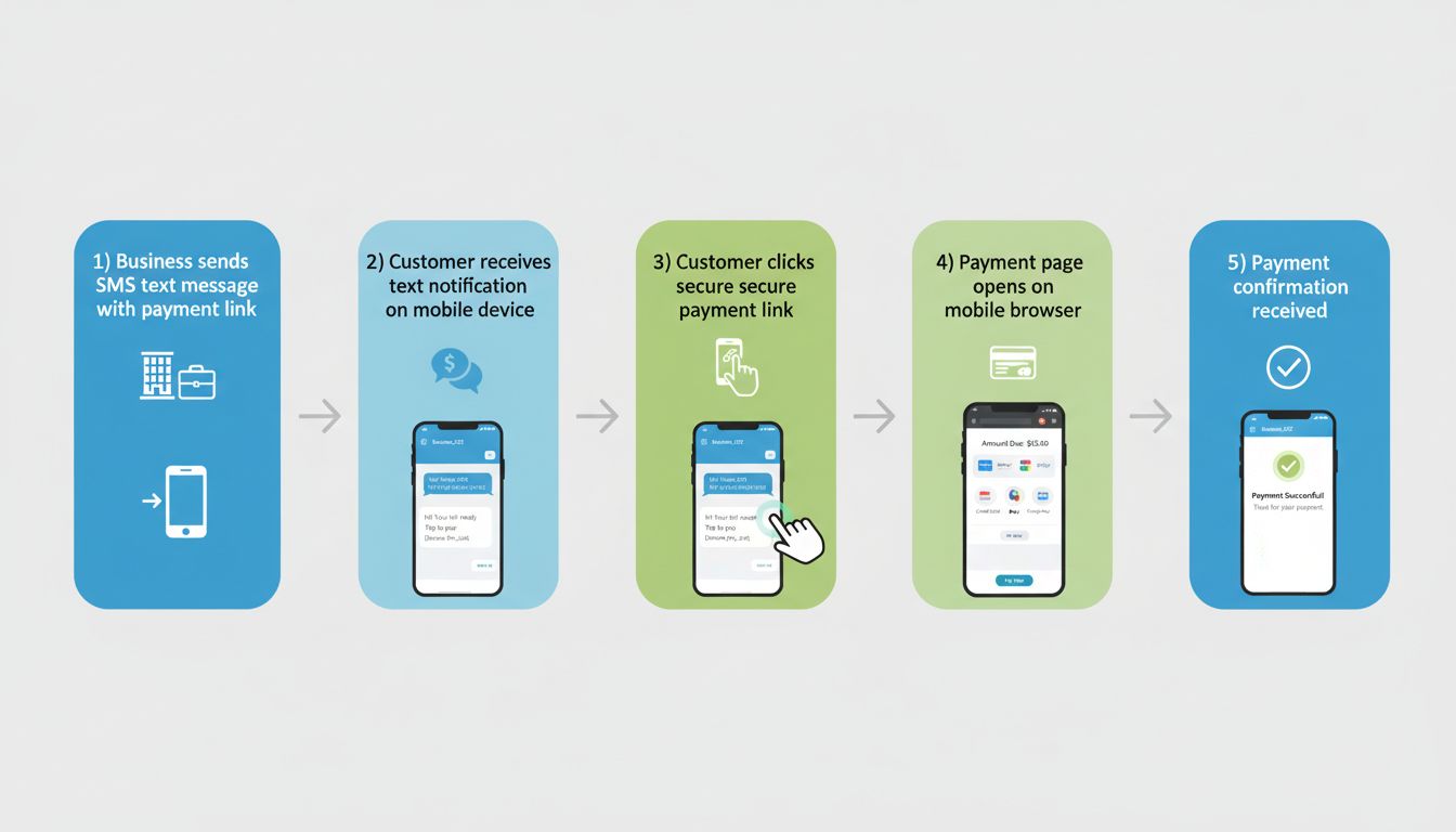 SMS billing workflow process showing 5 steps from payment request to confirmation