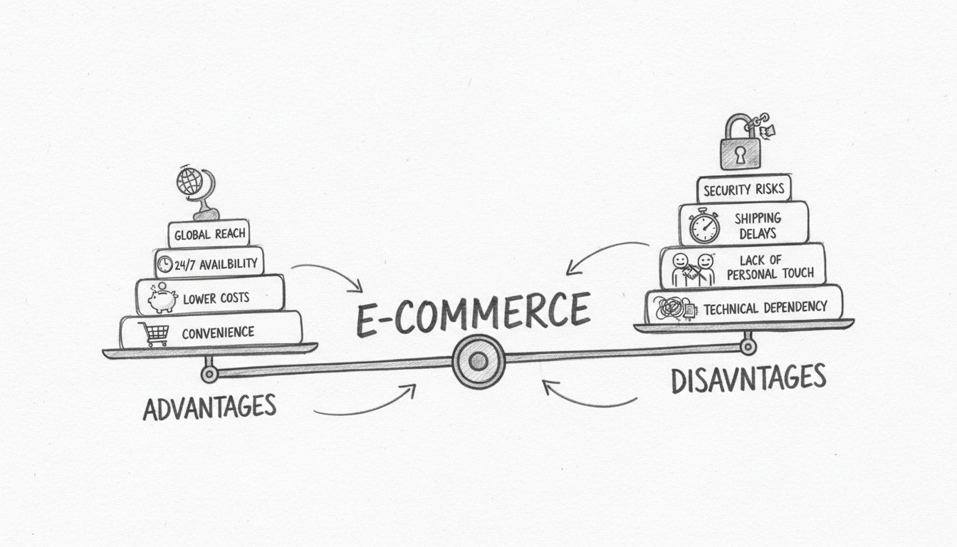 Diagramma disegnato a mano che mostra una bilancia tra vantaggi e svantaggi dell'e-commerce con icone per portata globale, sicurezza, costi e servizio clienti