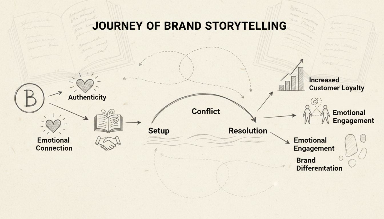 Schema disegnato a mano che mostra il percorso dello storytelling di brand con connessione emotiva, autenticità, fiducia, arco narrativo e risultati in fedeltà dei clienti