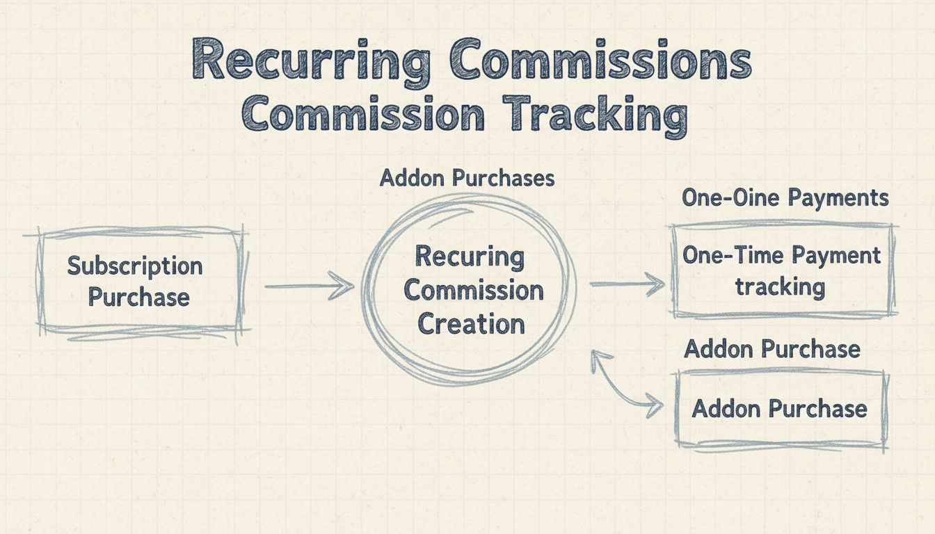 Diagramma del flusso di lavoro del plugin di tracciamento Recurly che mostra commissioni ricorrenti, pagamenti una tantum e tracciamento degli acquisti di addon