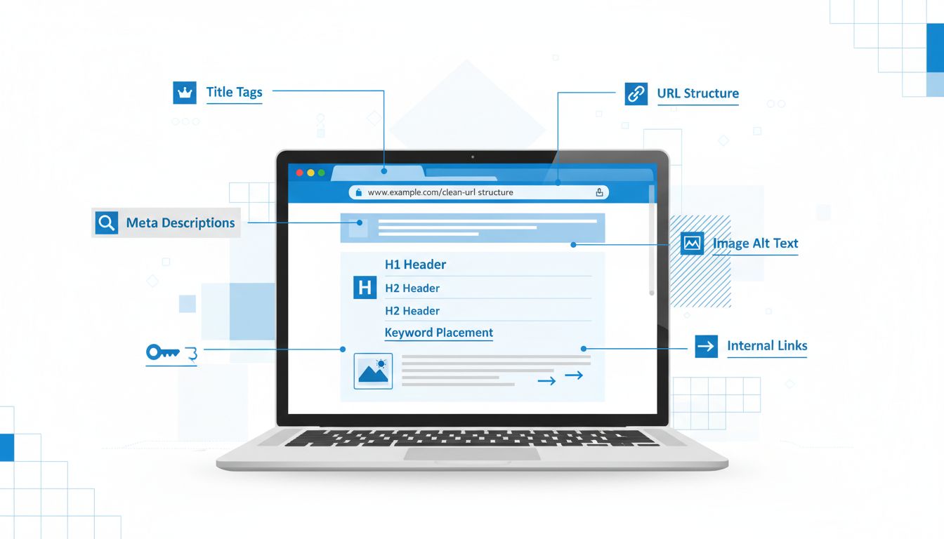 Elementi di ottimizzazione SEO on-page tra cui title tag, meta description, header tag, posizionamento delle keyword, struttura degli URL, link interni e testo alternativo delle immagini visualizzati su uno schermo di laptop
