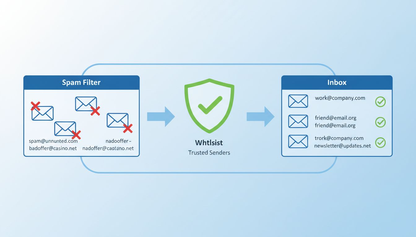 Diagramma del processo di whitelist email che mostra il filtro antispam a sinistra, la whitelist al centro e la casella affidabile a destra con segni di spunta verdi